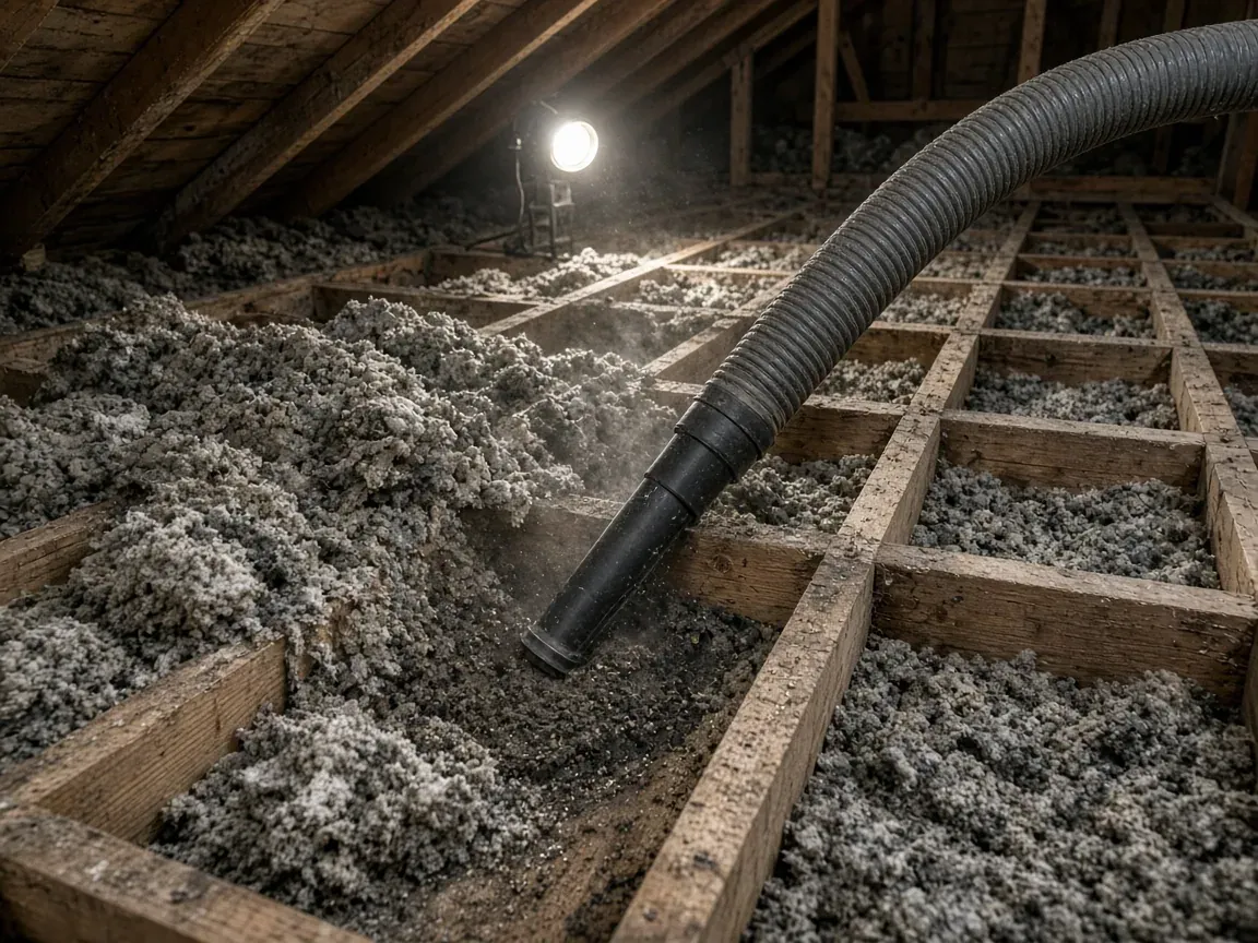 Vacuum hose removing old insulation from between attic joists