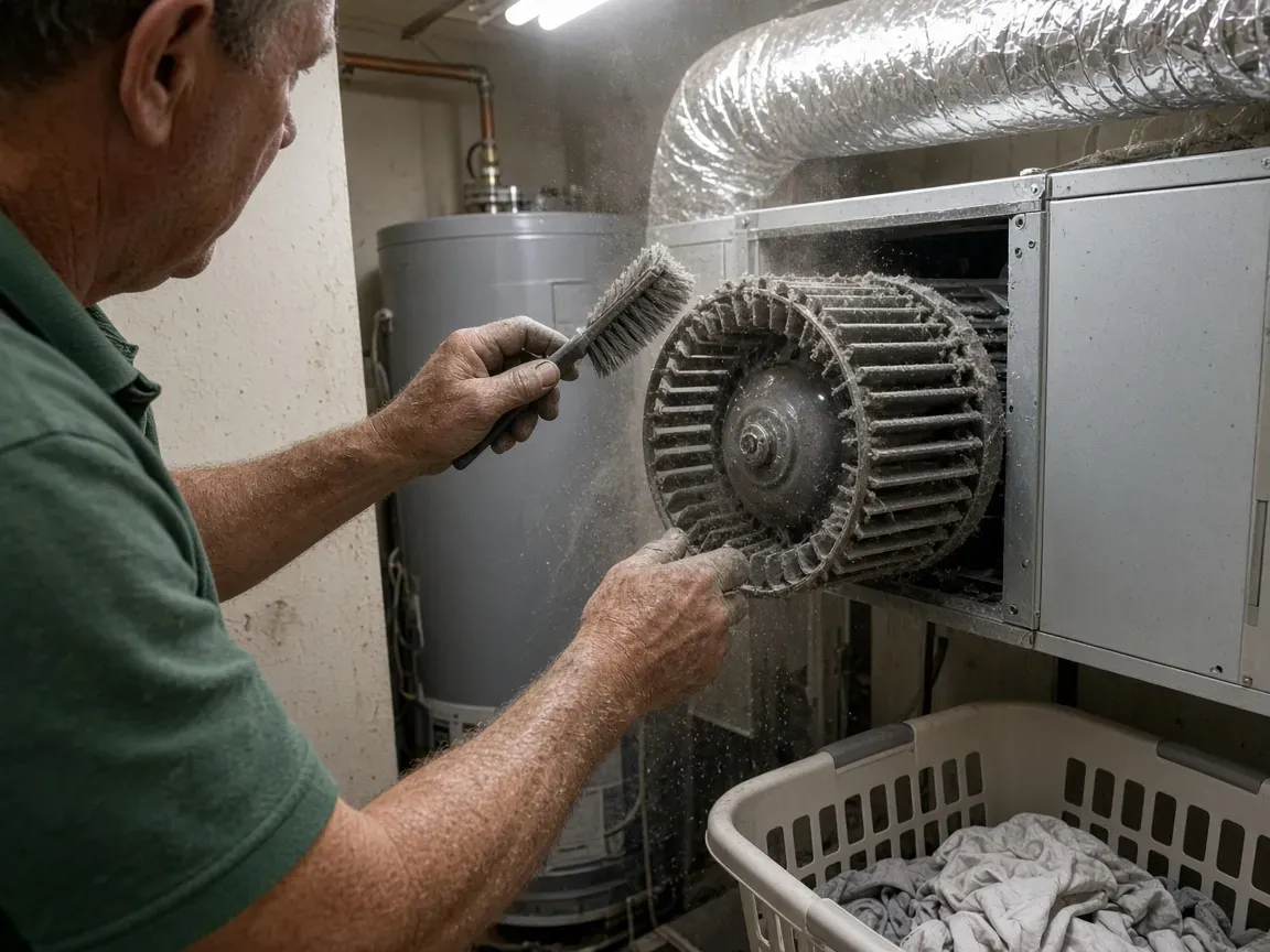 Technician brushing dust off an HVAC blower wheel in a laundry closet
