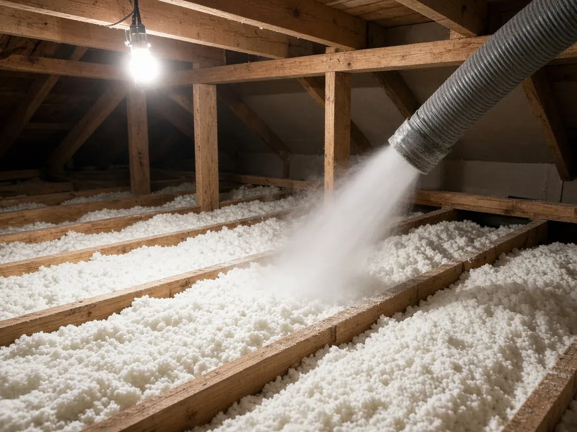 Hose blowing fresh loose-fill insulation between attic joists