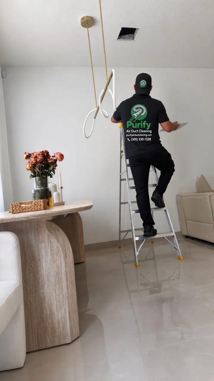 Purify technician on a ladder at an open ceiling vent