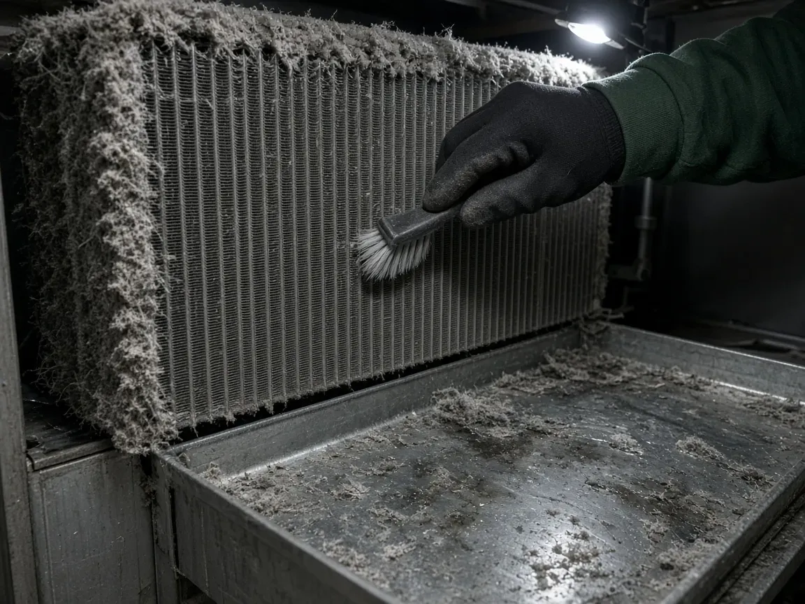Gloved hand brushing lint off a dirty evaporator coil