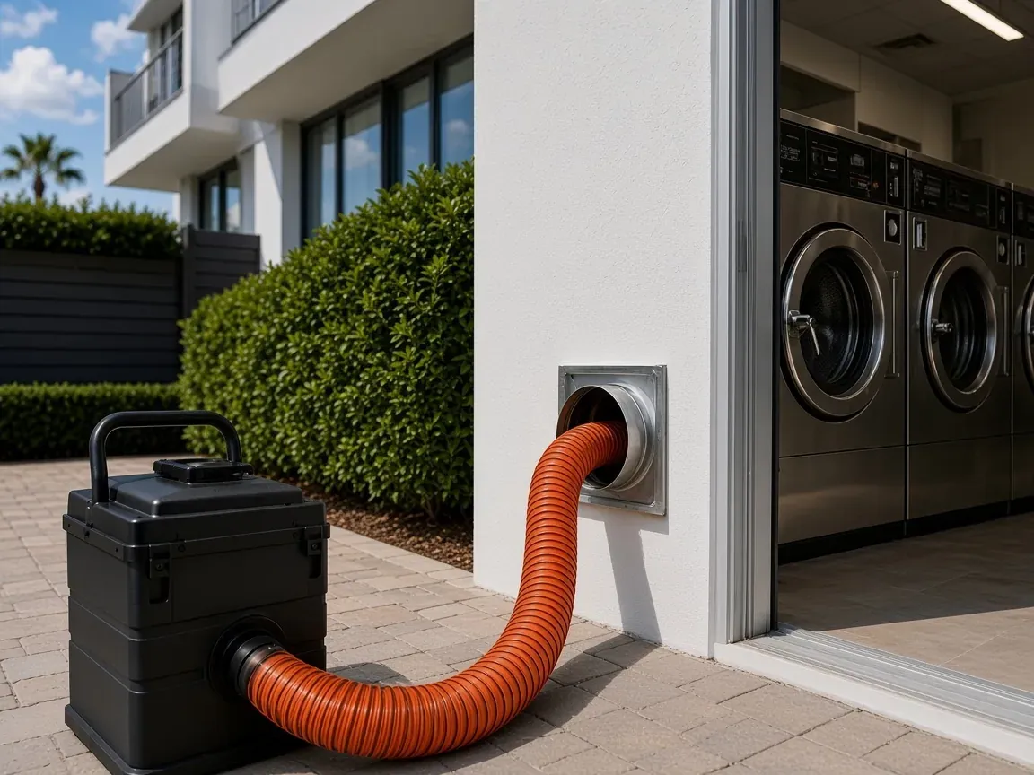 Orange vacuum hose cleaning a commercial laundry dryer vent