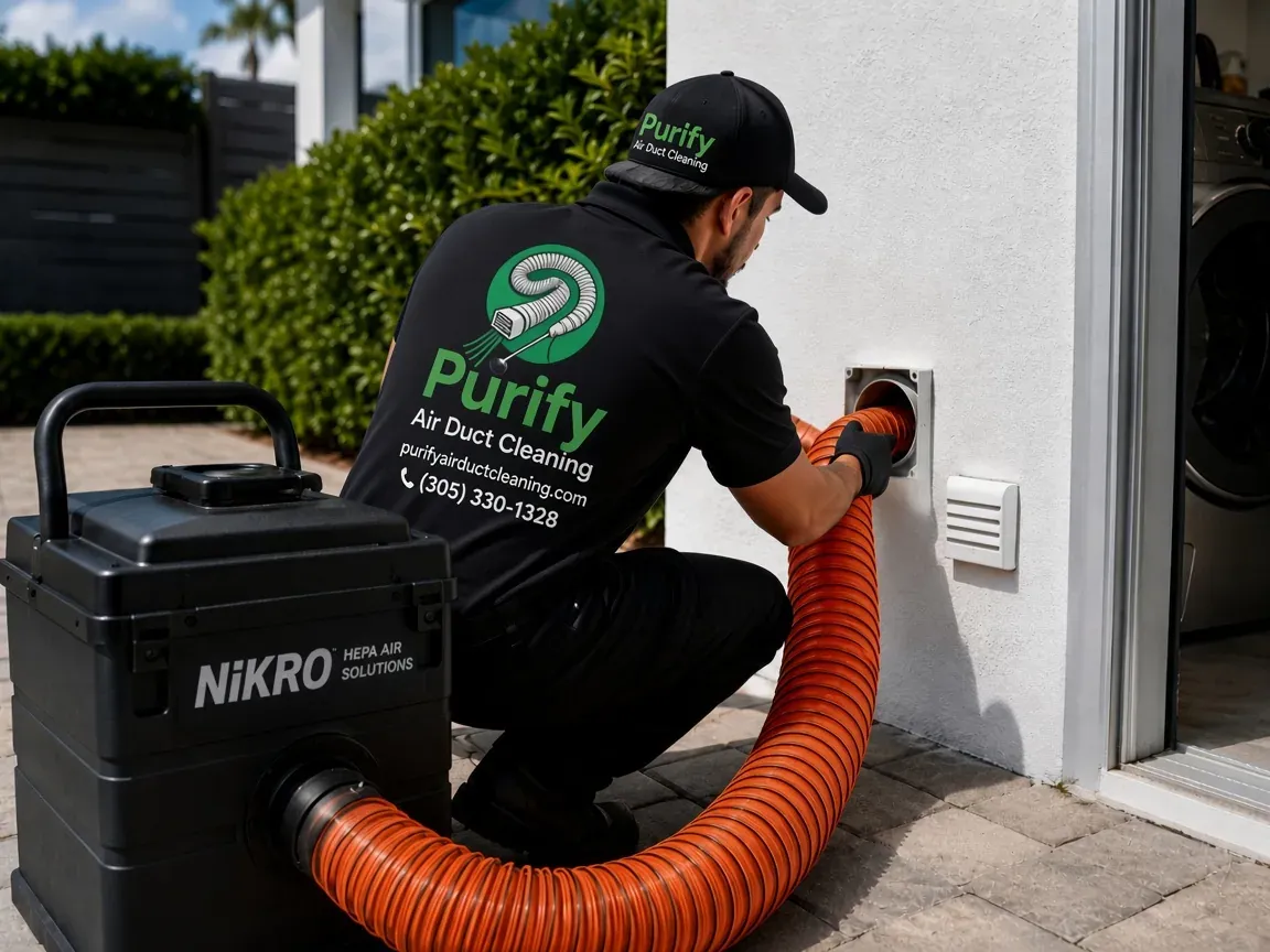 Purify technician cleaning a clothes dryer vent from outside the laundry room