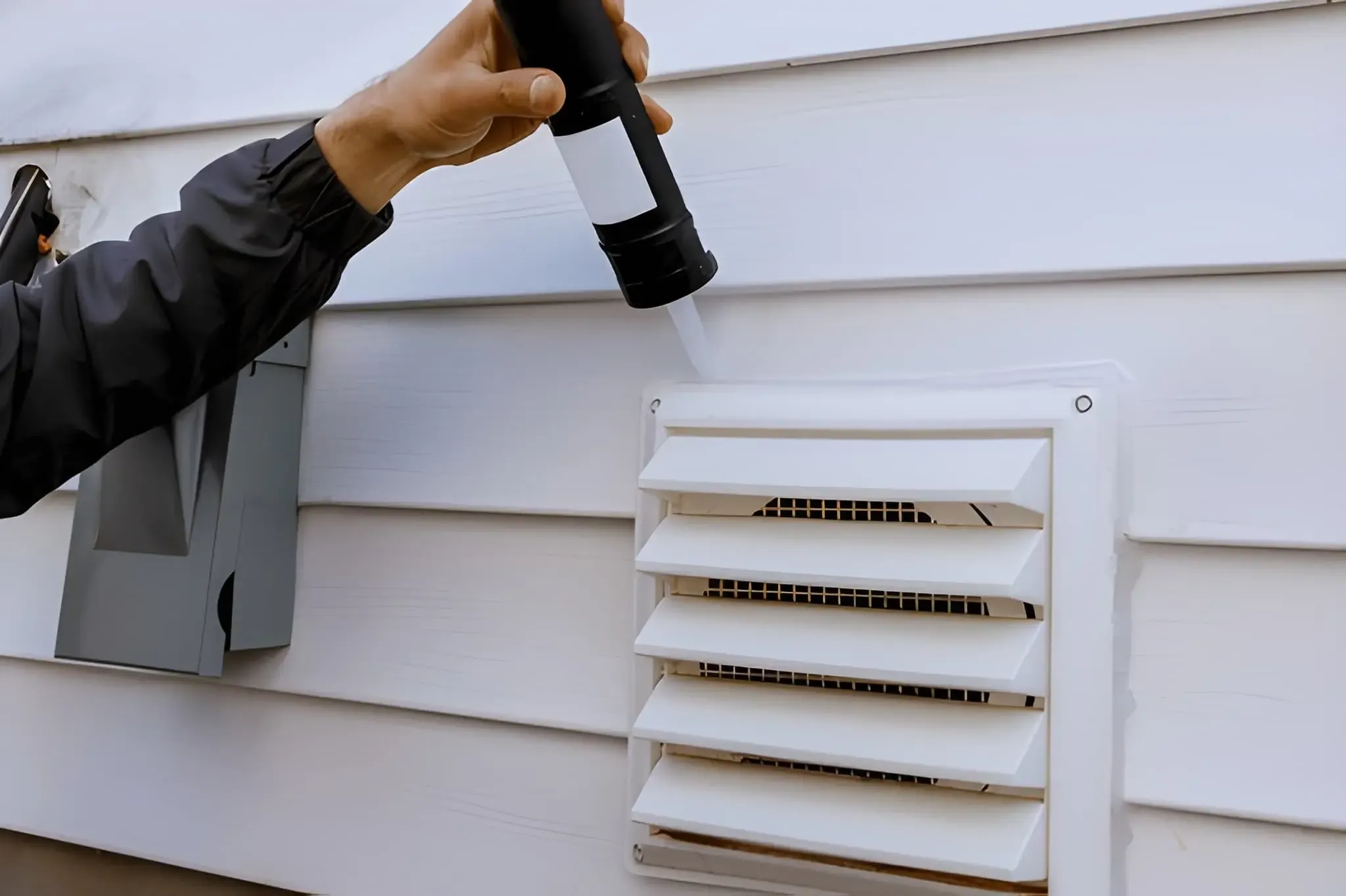 Technician sealing the top edge of an exterior dryer vent cover with caulk during a dryer vent repair