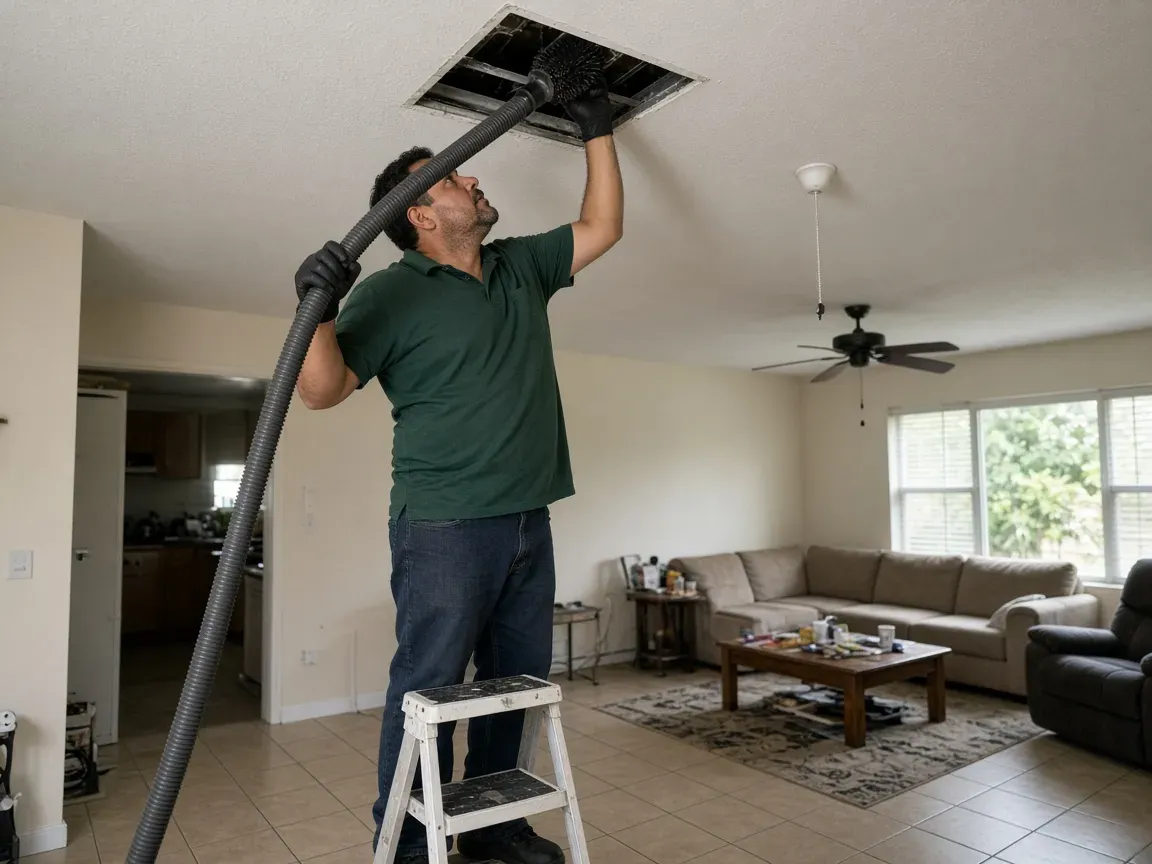 Technician cleaning a residential air duct