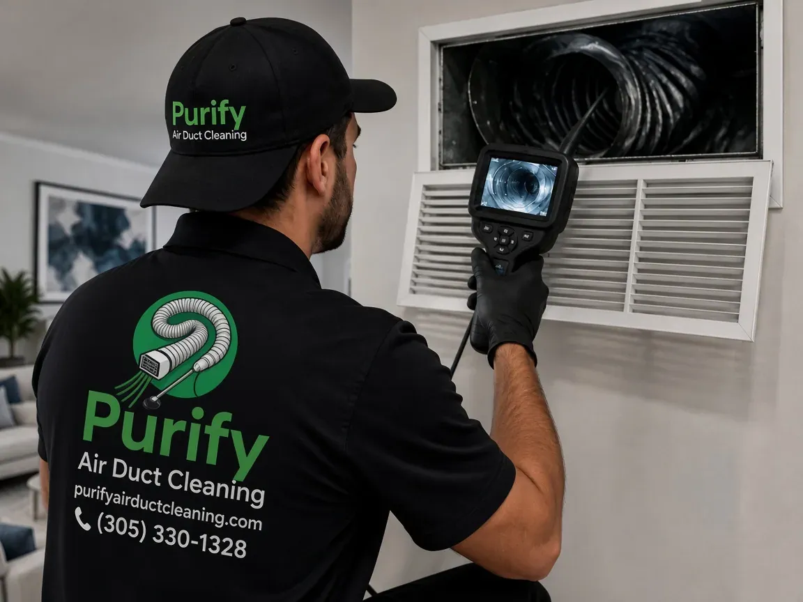Purify technician inspecting an air duct with a camera