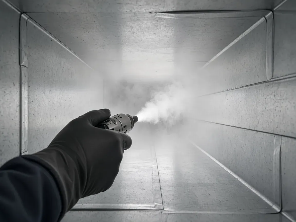 Fogger spraying sanitizer mist inside a metal air duct