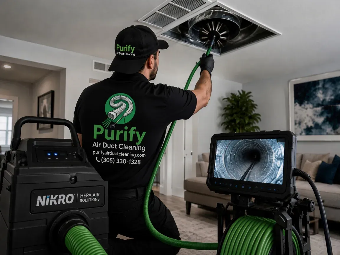 Purify technician cleaning a ceiling air vent with a brush and inspection camera