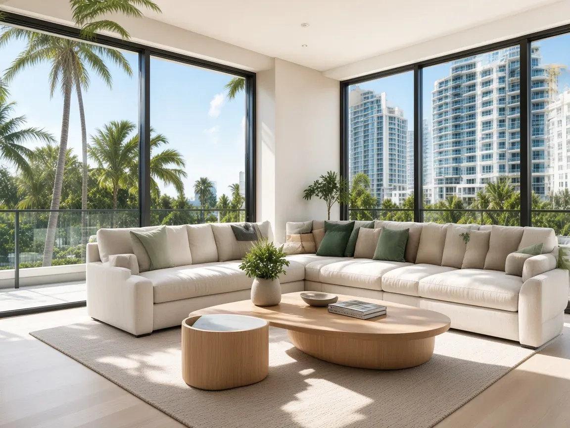 Bright living room with floor-to-ceiling windows in Aventura