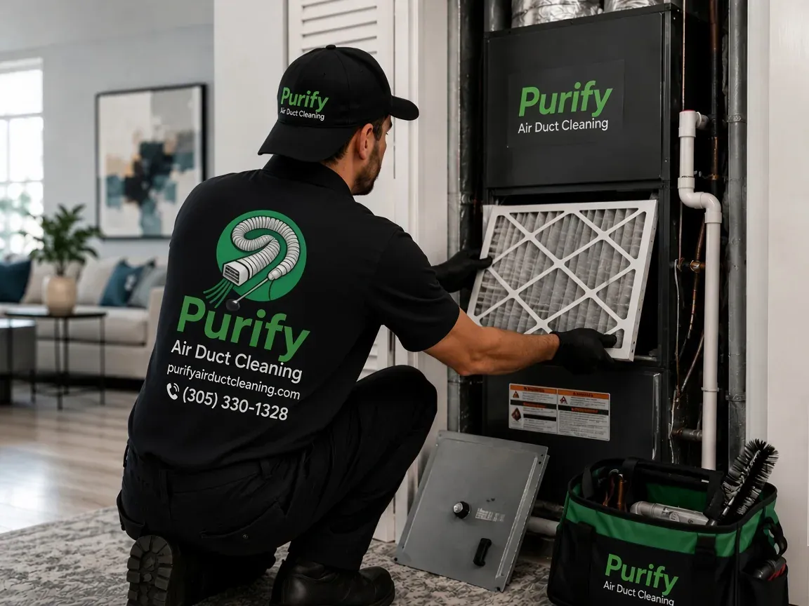Purify technician removing a dusty filter from an air handler