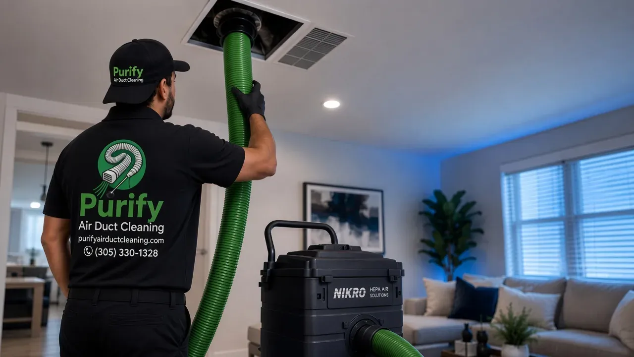 Purify technician vacuuming a living room ceiling vent