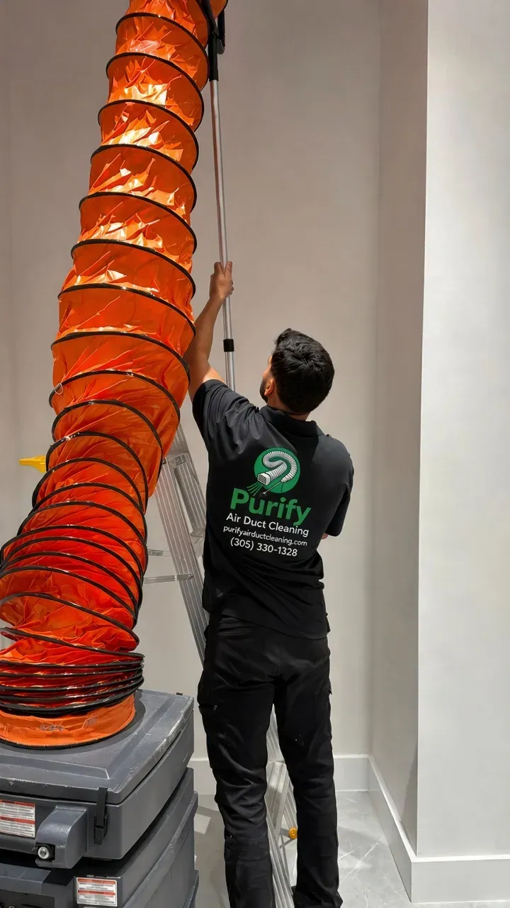 Purify technician guiding an orange negative-air hose up to the ceiling