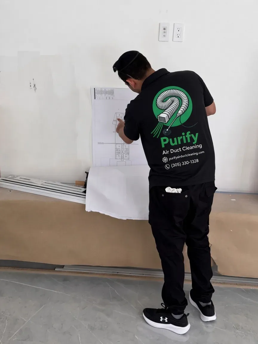 Purify technician reviewing building plans before a duct cleaning